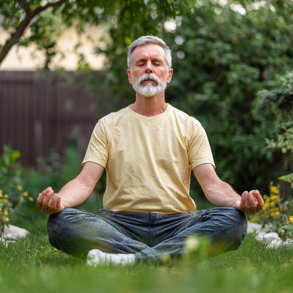 Peaceful Ukrainian woman in her 50s practicing gentle yoga poses in natural outdoor setting, demonstrating proper breathing technique and mindful movement