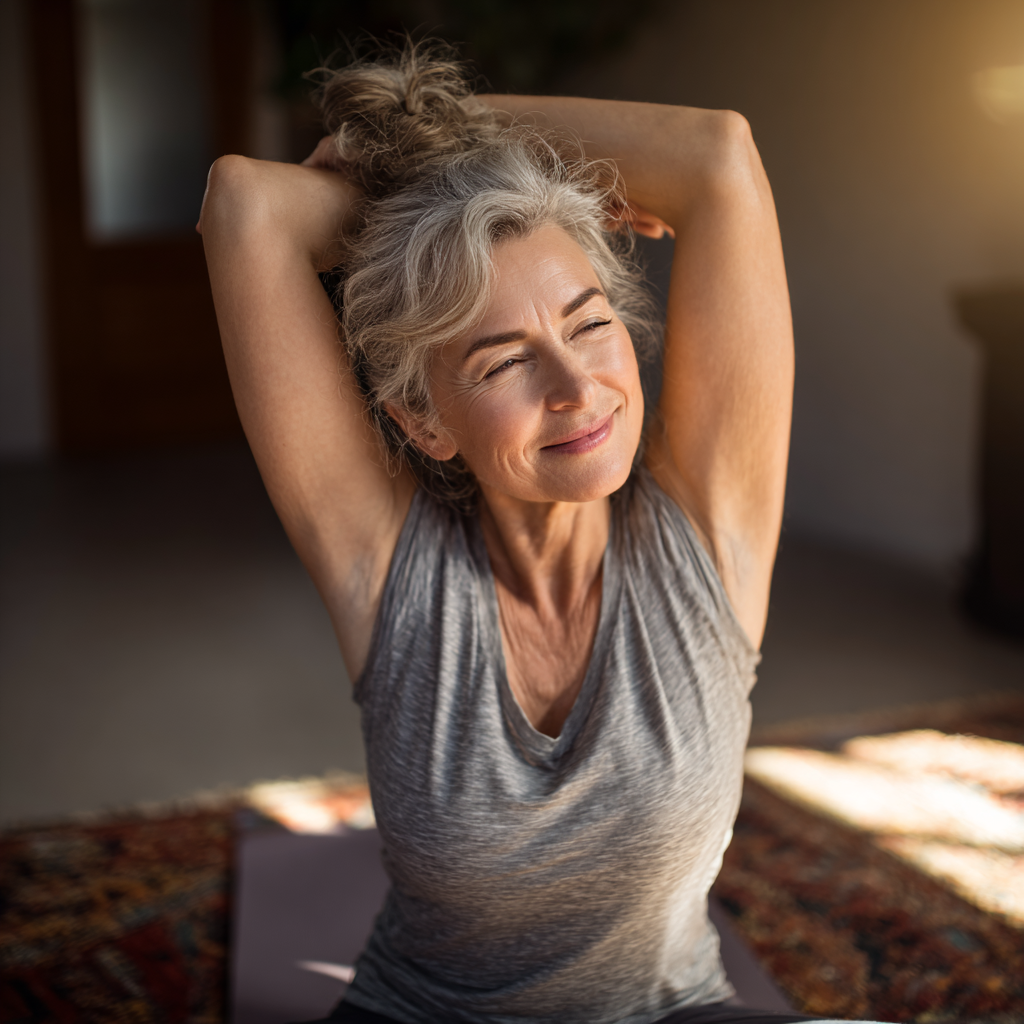 Professional Ukrainian woman in her 40s doing simple desk yoga stretches in modern office environment, demonstrating workplace wellness and muscle strengthening exercises